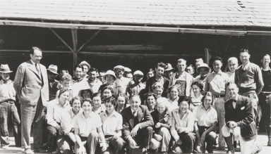 The summer crew at the W. Atlee Burpee See Company Floradale Farms, Lompoc : about 1935. Members of Japanese families included are: Mary Tashiro, Mr. and Mrs. Sakanashi, Mr. Honda, Mr. Hirashi, Mas Honda, Sumino Tsuyuki.
