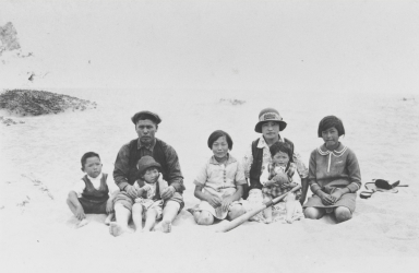 Takasugi Family at Oxnard Beach : about 1929. L-R: Nao, Mr. Shingoro Takasugi (holding Shika), Hisaye, Mrs. Takasugi (holding Midori) and Kaneko.