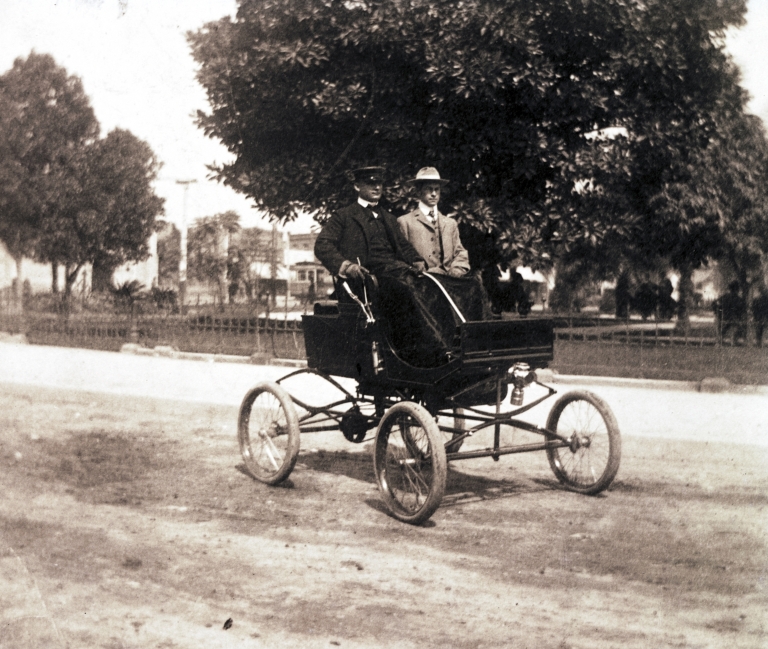 G. Allan Hancock driving his 1900 Milwaukee Steam Runabout