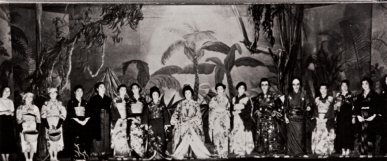 Japanese Fashion Show : Jamboree, Lompoc High School, La Purisima : 1936 ; ten percent of the 1936 class graduating from Lompoc High School was Japanese ; the influence of the Orient prevailed when the students chose to include a Japanese Fashion Show in their Jamboree ; yearbook photo, 1936.