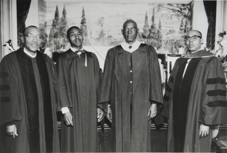 The Coast Counties Baptist Bible Institute Ceremony : Reverend G. E. Ellis, D. D., Reverend C. Parish, Reverend P. Modonna and Reverend J. Cullors were among those attending the ceremony at the Second Baptist Church, Paso Robles : 1959.