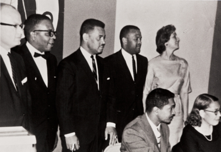 Installation of officers, NAACP Oxnard-Ventura Branch : 1963 ; back row L to R: John Flynn, Fred Jones, Pres., Bert Hammond, Albert Duff, Treas., Jan Kelsey ; seated L to R: Assemblyman Mervyn Dymally, May Davis, Secretary.