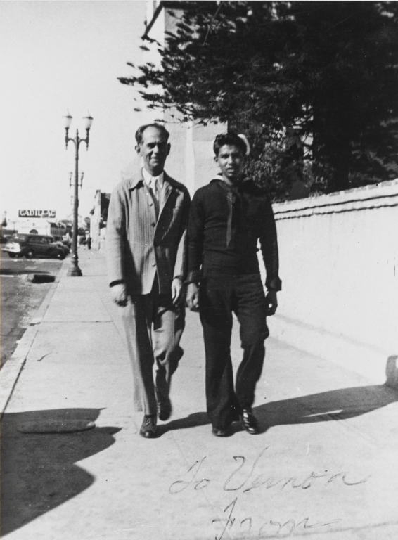 Steven Blanco, son of Bertha and Joe Blanco, in uniform (right) and Mickey Hambrey (left) in front of the Old Mission San Buenaventura : 1945.
