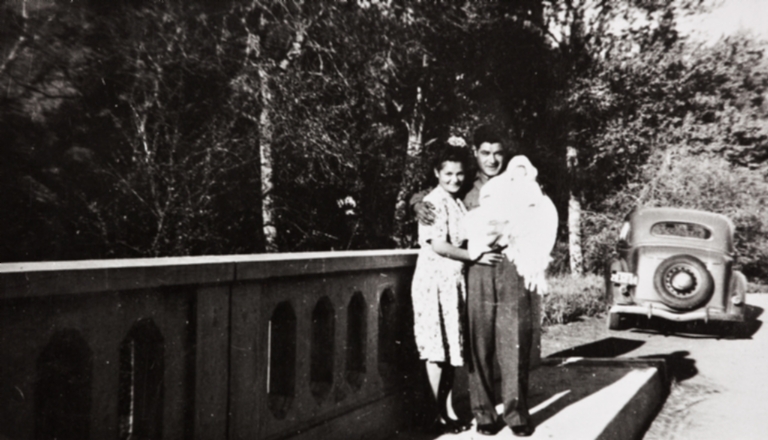 Edna Rodríguez (née McLean), Barbareño Chumash descendant, and Philip Rodríguez, Ventureño Chumash descendant, with their daughter, Carol : 1945.