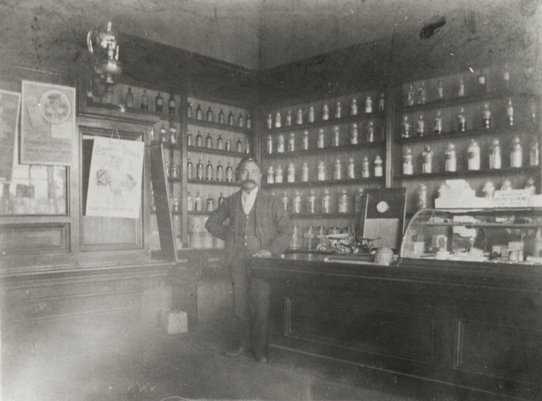 "Doc Cota, clerk at the Marquis Drug Store.